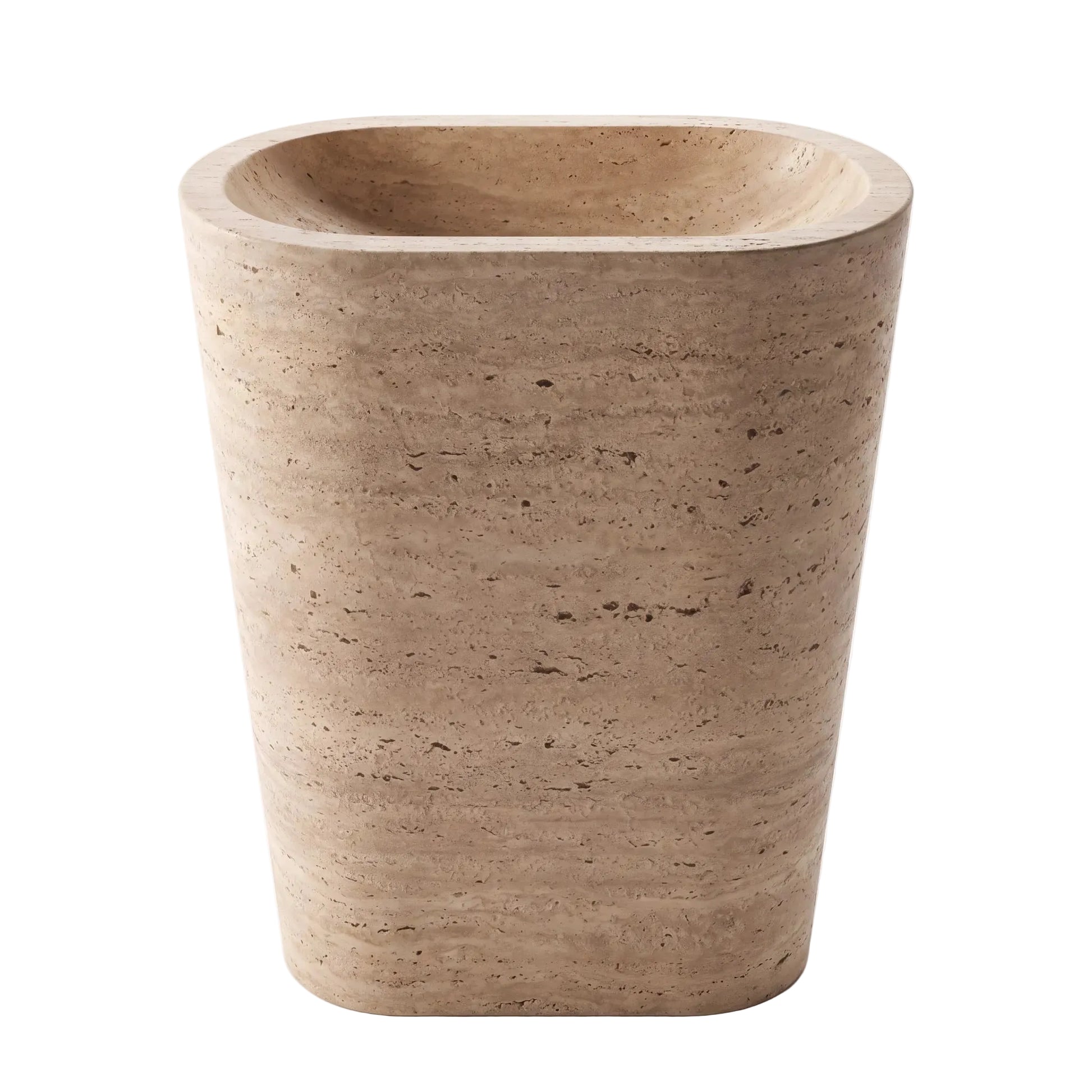 Norvick natural travertine pedestal bathroom sink with integrated basin, rounded corners and tapered monolithic form