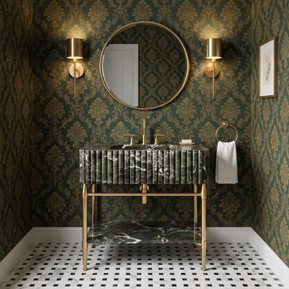 Novara 30 inch green marble bathroom vanity with sink and solid brass console legs in a luxury bathroom
