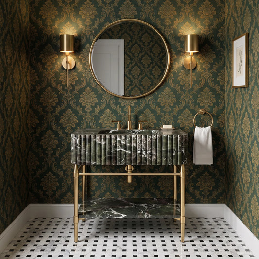 Novara 30 inch green marble bathroom vanity with sink and solid brass console legs in a luxury bathroom