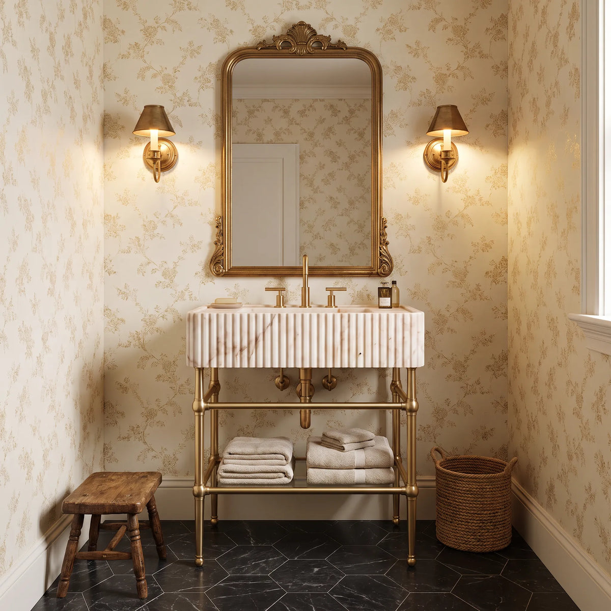Origin 30 inch Afyon Sugar marble bathroom vanity with sink and solid brass console legs in a luxury bathroom