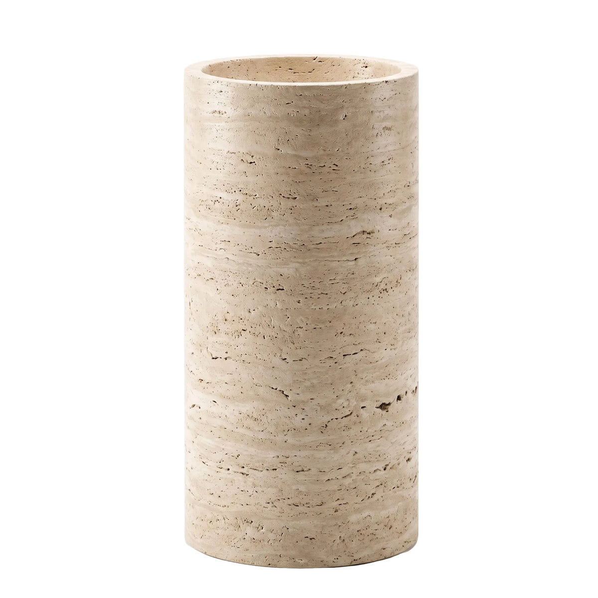 Orrick natural travertine pedestal bathroom sink with minimalist cylindrical form and integrated round basin