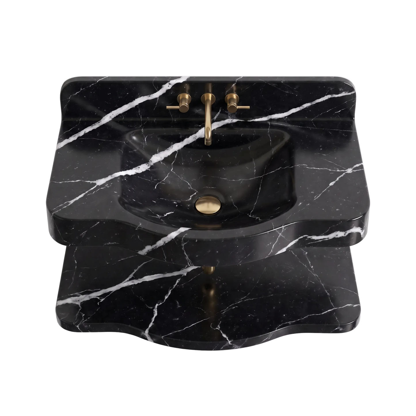 Orsini 30 inch Nero Marquina floating marble bathroom sink with lower marble shelf