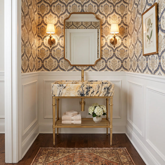 Orvieto 30 inch Calacatta Viola marble bathroom vanity with sink and solid brass console legs in a luxury bathroom