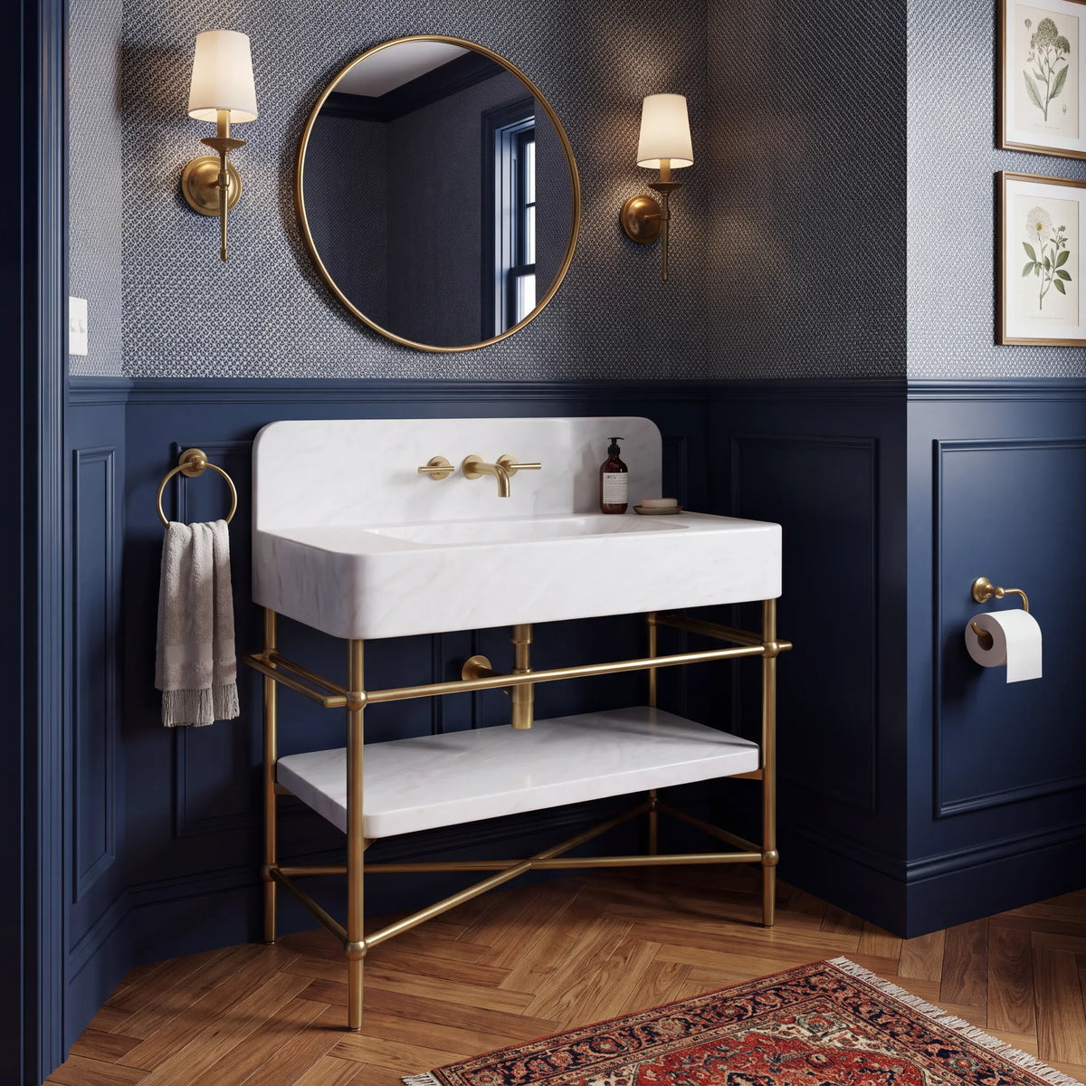 Palermo 30 inch Carrara White marble console sink vanity with brass legs and marble shelf