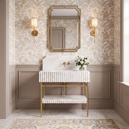 Parma 30 inch Afyon Sugar marble console sink vanity with fluted backsplash and solid brass legs