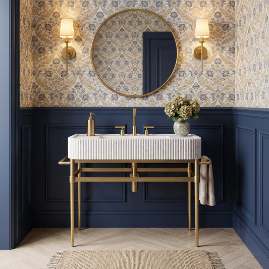 Perugia 30 inch Carrara White marble bathroom vanity with solid brass console legs in a luxury powder room