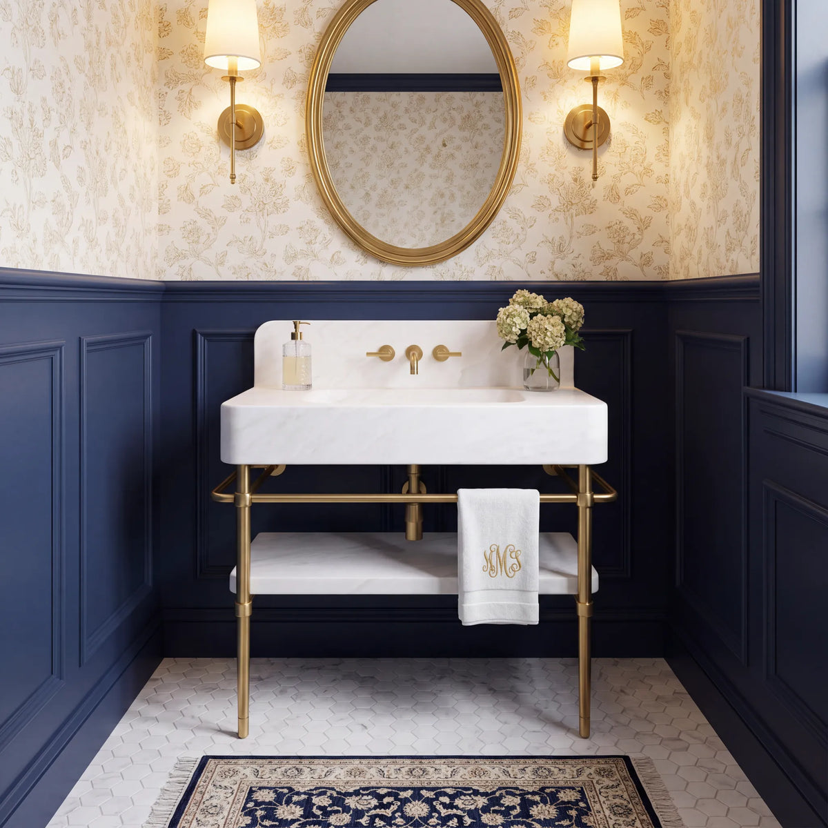 Positano 30 inch Carrara White marble console sink vanity with brass legs and marble shelf