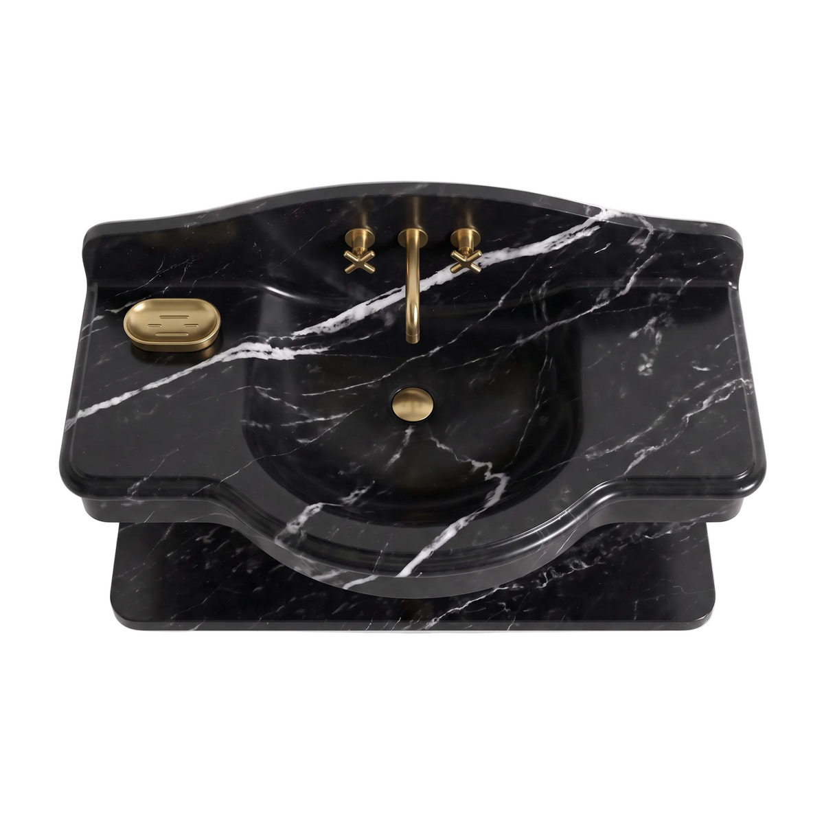Positano 30 inch Nero Marquina floating marble bathroom sink with integrated basin and lower marble shelf