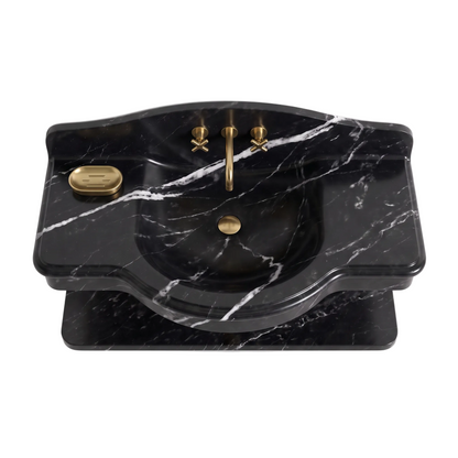 Positano 30 inch Nero Marquina floating marble bathroom sink with integrated basin and lower marble shelf