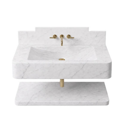 Prague 30 inch Carrara White floating marble bathroom sink with matching backsplash and lower marble shelf
