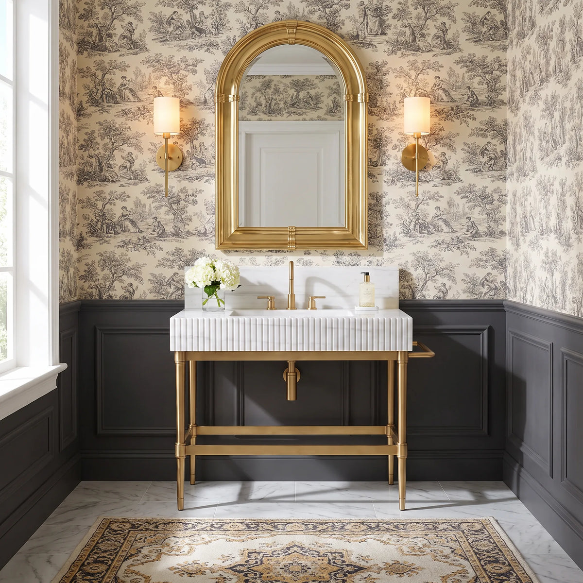 Primora 30 inch Carrara White marble bathroom vanity with sink and solid brass console legs in a luxury bathroom