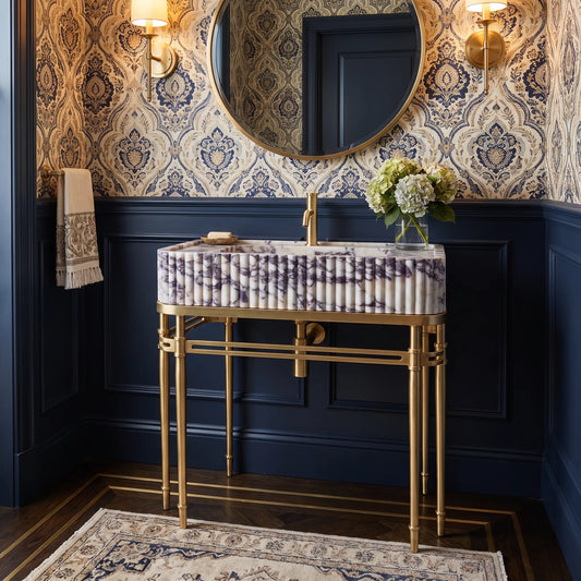 Ravella 30 inch Calacatta Viola marble bathroom vanity sink with solid brass console legs in a luxury bathroom