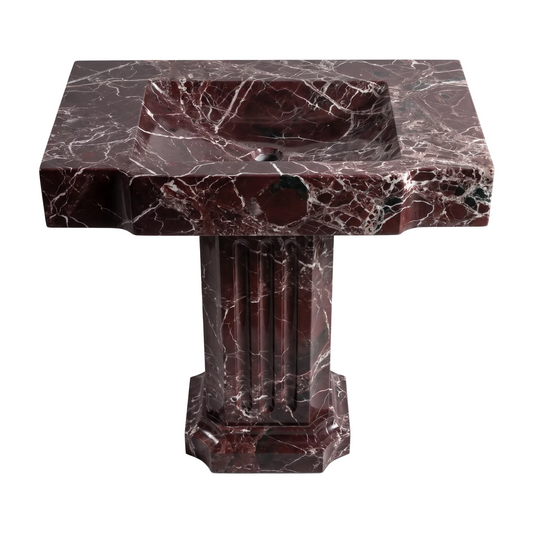 Ravello custom Rosso Levanto marble pedestal bathroom sink with deep burgundy stone, dramatic white veining, integrated basin and fluted architectural pedestal
