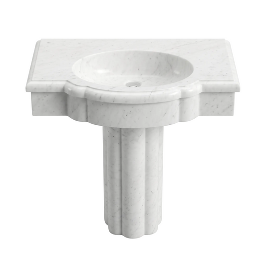 Ravena custom Carrara White marble pedestal bathroom sink with integrated oval basin, sculpted curved apron and fluted pedestal base
