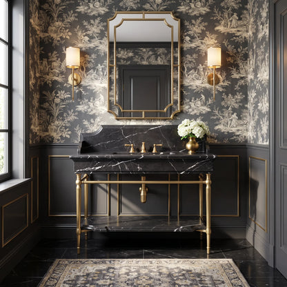 Ravenna 30 inch Nero Marquina marble console sink vanity with ornate brass legs and marble shelf