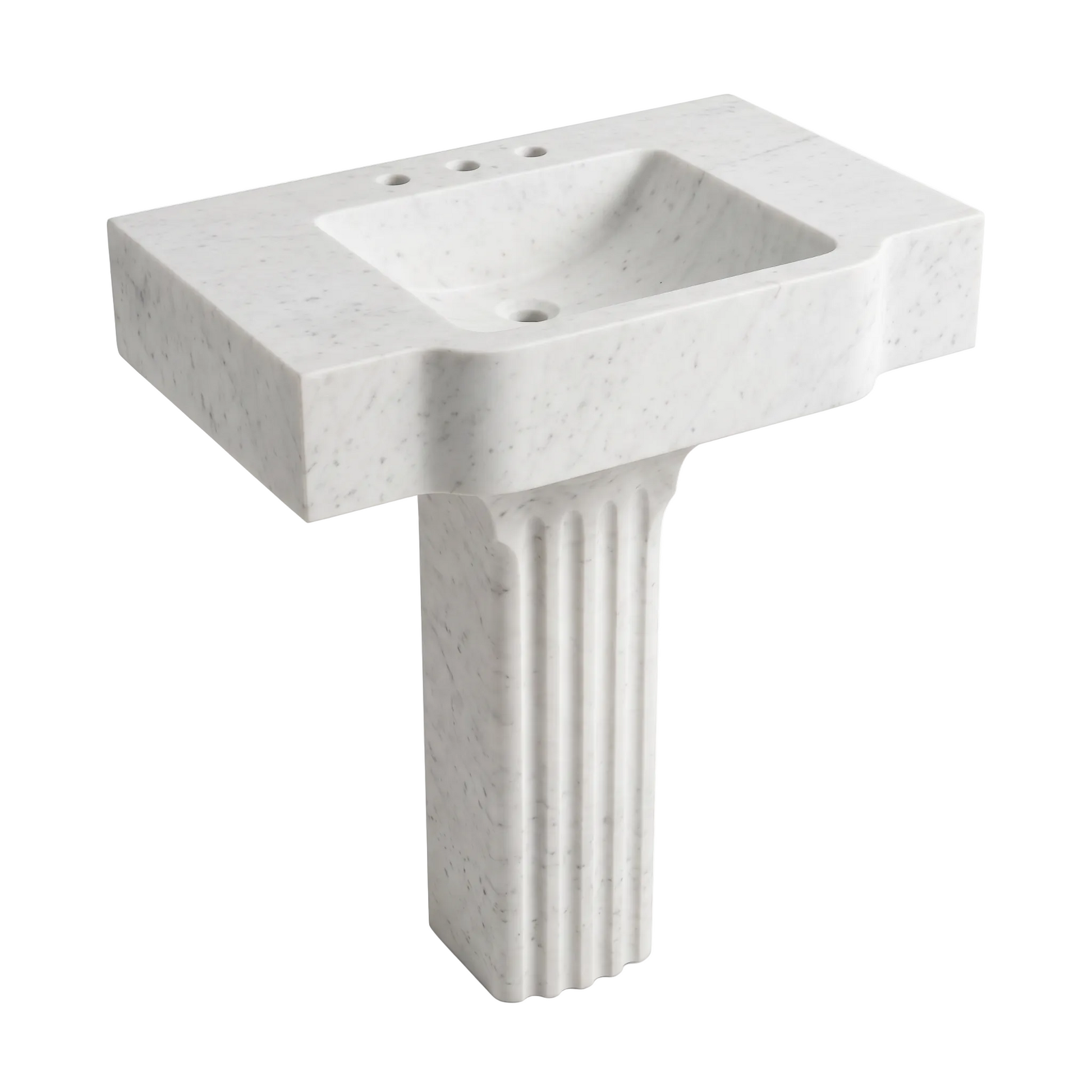 Raventon custom Carrara White marble pedestal bathroom sink with integrated rectangular basin, thick sculpted front, three faucet holes and fluted pedestal