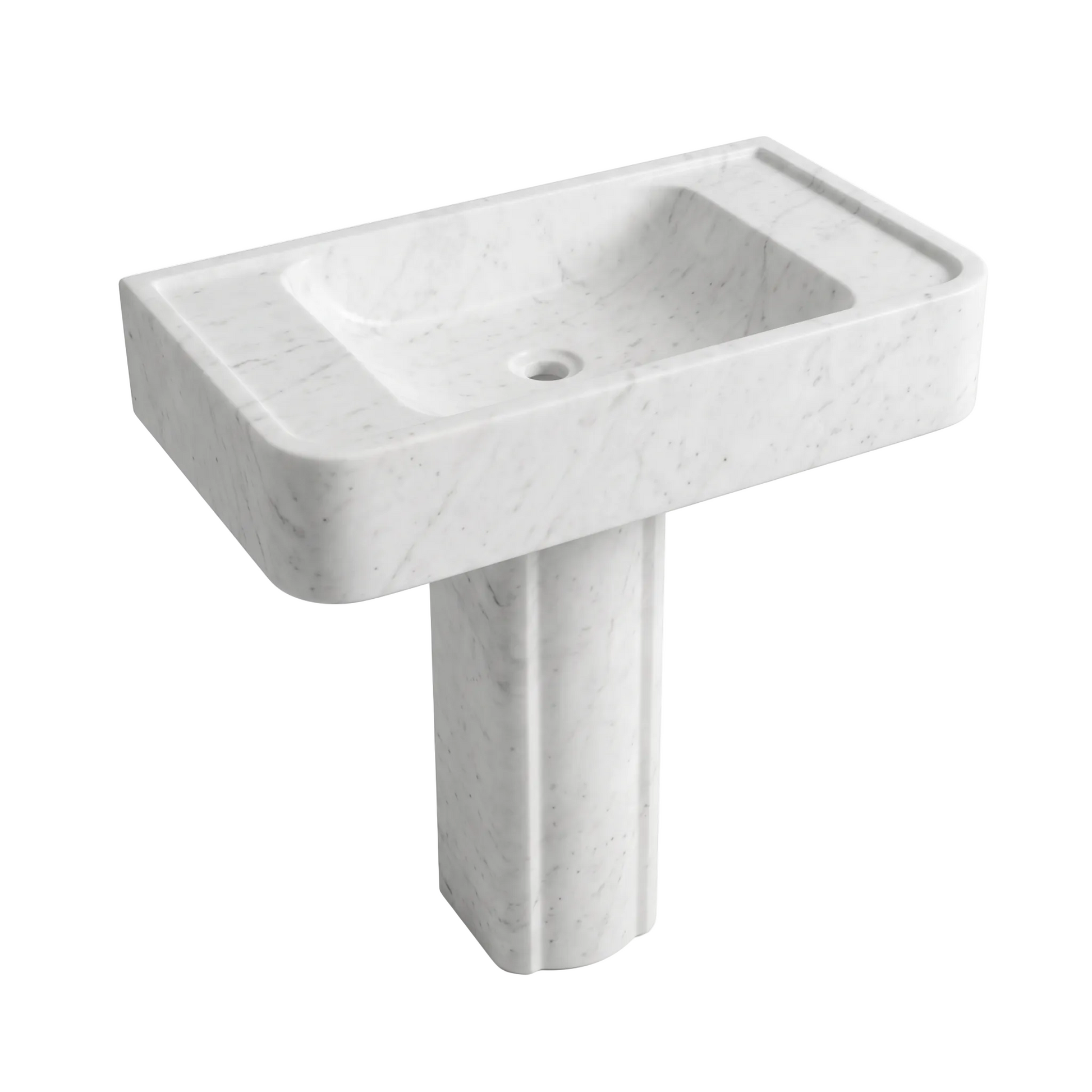 Ravino custom Carrara White marble pedestal bathroom sink with integrated rectangular basin, rounded corners, side deck areas and sculptural pedestal base