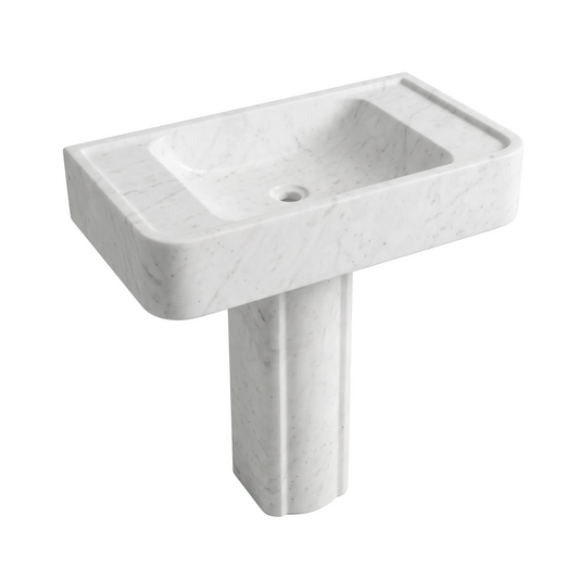 Ravino custom Carrara White marble pedestal bathroom sink with integrated rectangular basin, rounded corners, side deck areas and sculptural pedestal base