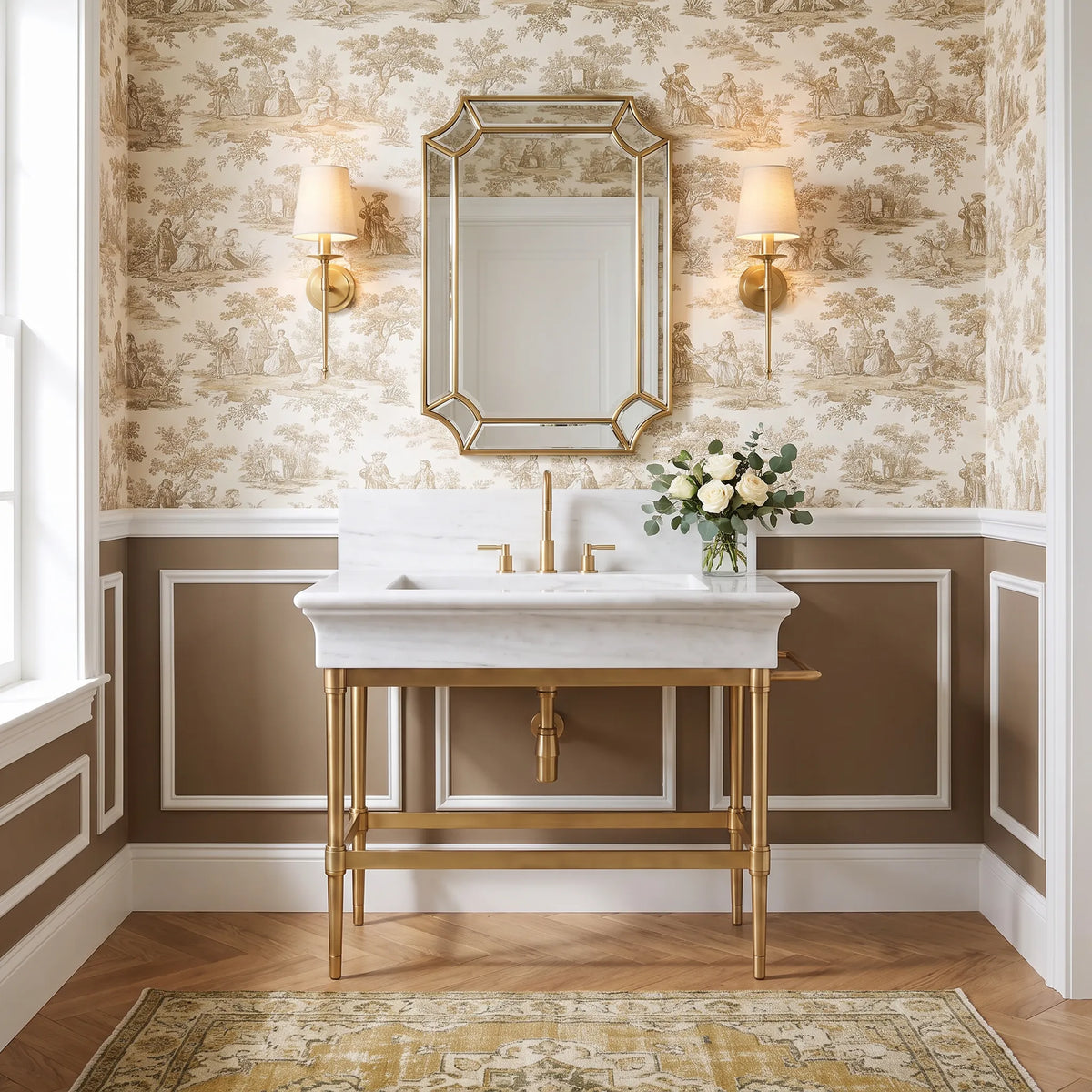 Regalia 30 inch Carrara White marble bathroom vanity with sink and solid brass console legs in a luxury bathroom