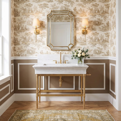 Regalia 30 inch Carrara White marble bathroom vanity with sink and solid brass console legs in a luxury bathroom