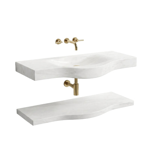 Rivora 30 inch Carrara White sculptural wall mounted marble bathroom sink with integrated basin