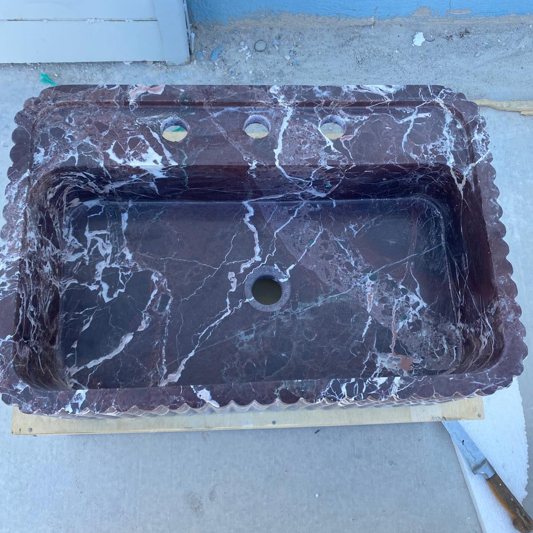 Rosso Levanto Marble Sink 24’’ – Wall Mounted Floating Vanity – Luxury Bathroom Sink Handmade