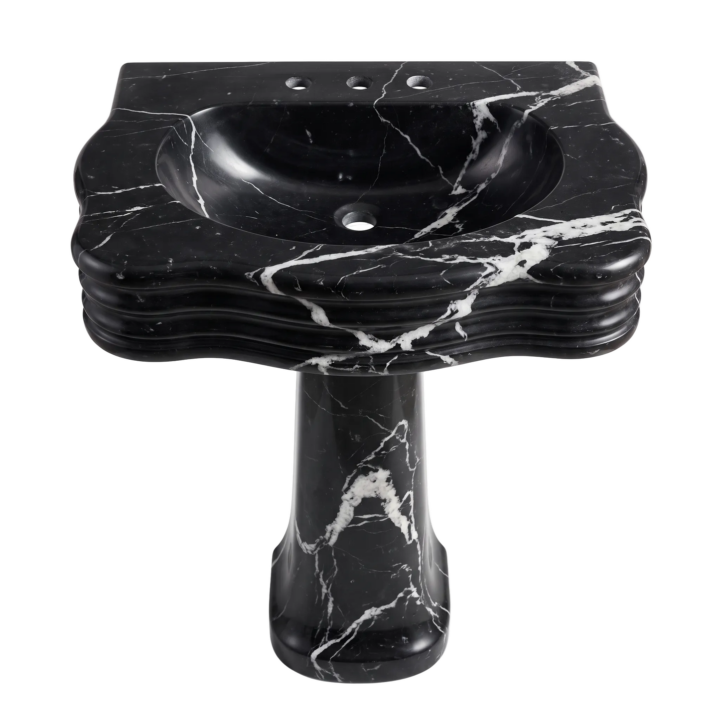Rothmere Nero Marquina marble pedestal bathroom sink with sculpted layered basin, bold white veining and carved pedestal base