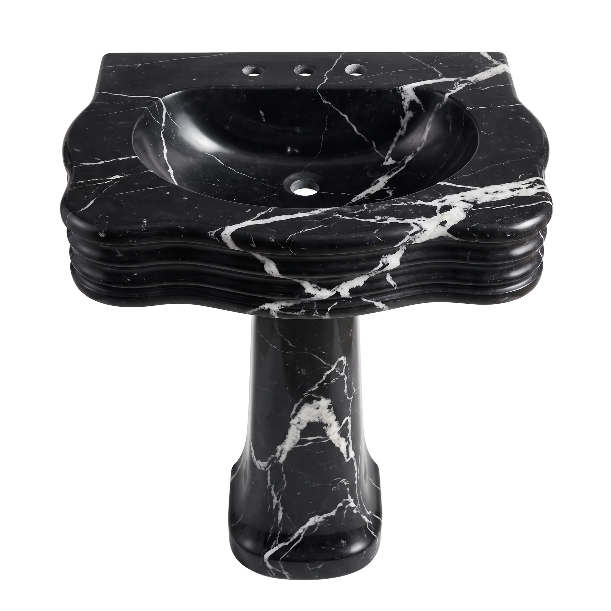Rothmere Nero Marquina marble pedestal bathroom sink with sculpted layered basin, bold white veining and carved pedestal base