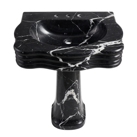 Rothmere Nero Marquina marble pedestal bathroom sink with sculpted layered basin, bold white veining and carved pedestal base