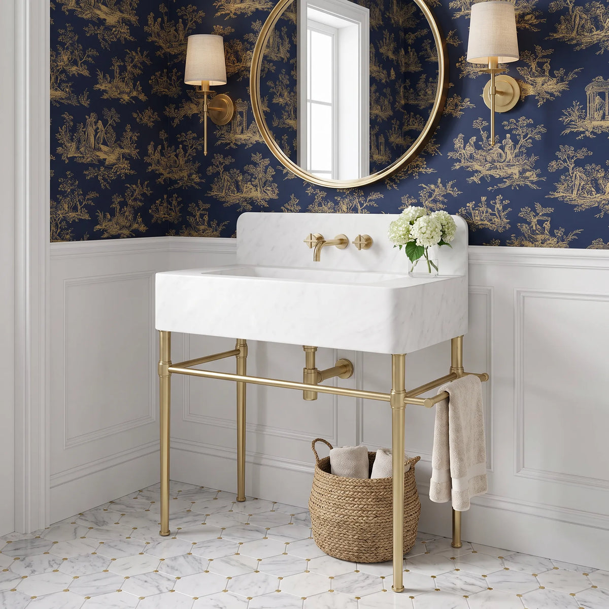 Rovella 30 inch Calacatta White marble bathroom vanity sink with solid brass console legs