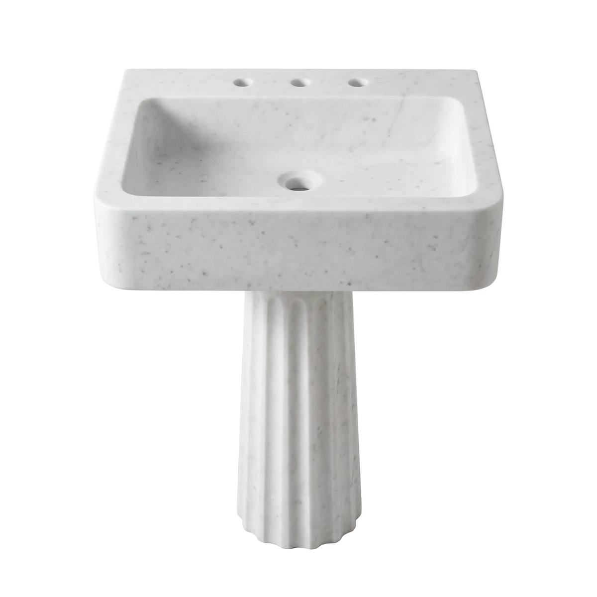 Rovello custom Carrara White marble pedestal bathroom sink with integrated rectangular basin, rounded corners and vertically fluted pedestal