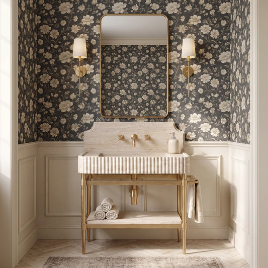 Royale 30 inch Travertine marble bathroom vanity sink with solid brass console legs in a luxury bathroom