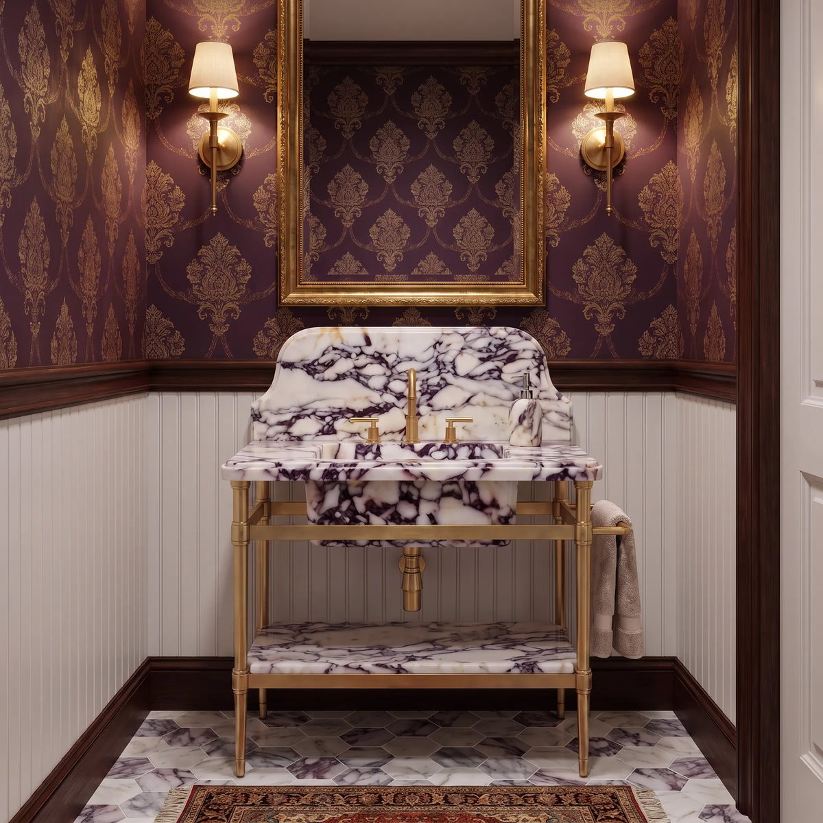 Savona 30 inch Calacatta Viola marble bathroom vanity with sink and solid brass console legs in a luxury bathroom
