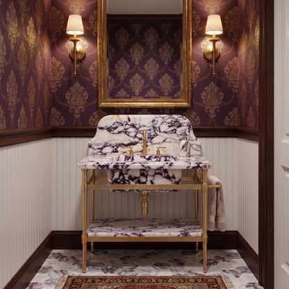 Savona 30 inch Calacatta Viola marble bathroom vanity with sink and solid brass console legs in a luxury bathroom