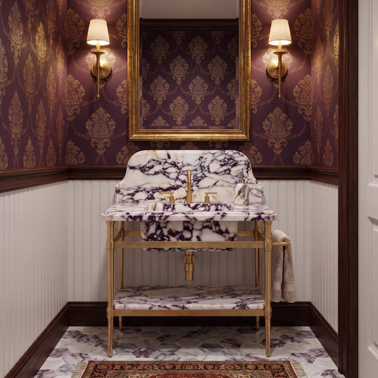 Savona 30 inch Calacatta Viola marble bathroom vanity with sink and solid brass console legs in a luxury bathroom