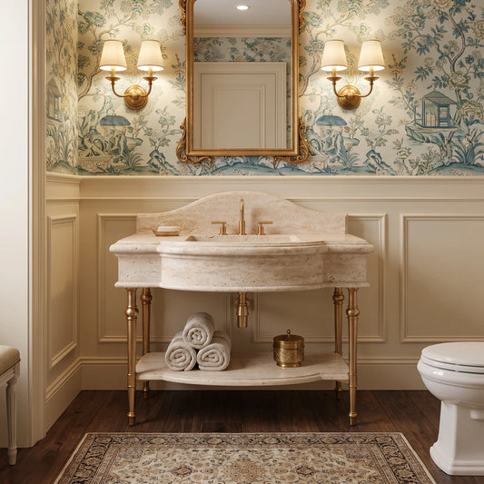 Sculpt 30 inch Travertine marble bathroom vanity with sink and solid brass console legs in a luxury bathroom