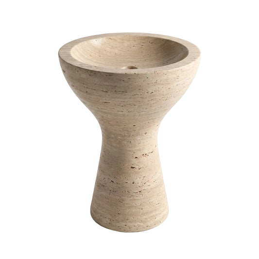 Selborne natural travertine pedestal bathroom sink with integrated round basin and sculptural hourglass base