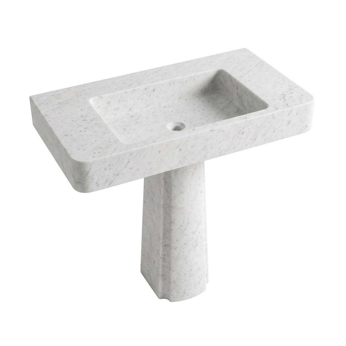 Seravio custom Carrara White marble pedestal bathroom sink with integrated rectangular basin, wide counter space, rounded corners and sculptural pedestal base