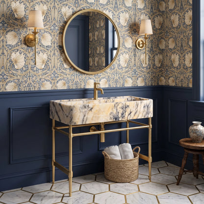 Sereno 30 inch Calacatta Viola marble bathroom vanity with sink and solid brass console legs in a luxury bathroom
