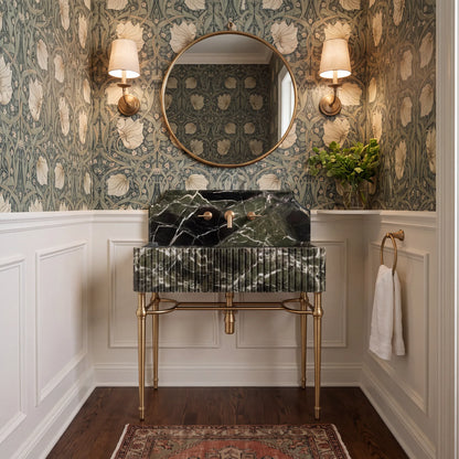 Serenza 30 inch Green marble bathroom vanity sink with solid brass console legs