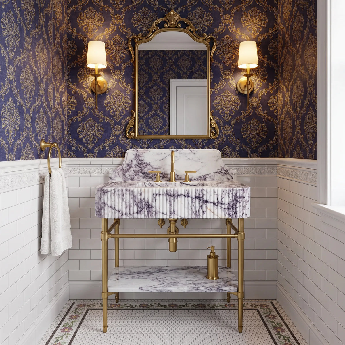 Siena 30 inch Lilac marble bathroom vanity with sink and solid brass console legs in a luxury bathroom