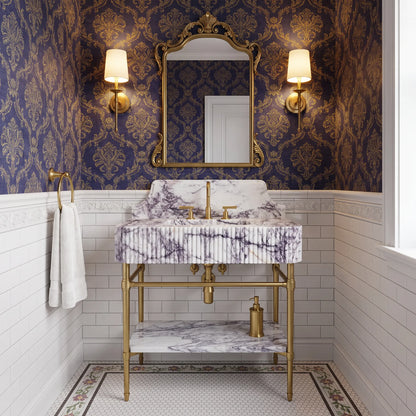Siena 30 inch Lilac marble bathroom vanity with sink and solid brass console legs in a luxury bathroom