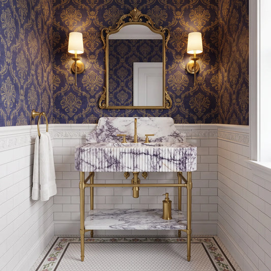 Siena 30 inch Lilac marble bathroom vanity with sink and solid brass console legs in a luxury bathroom