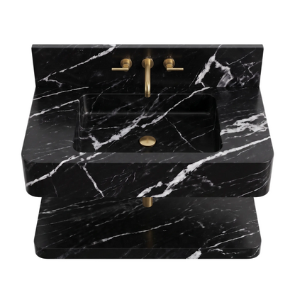 Sorano 30 inch Nero Marquina floating marble bathroom sink with lower marble shelf