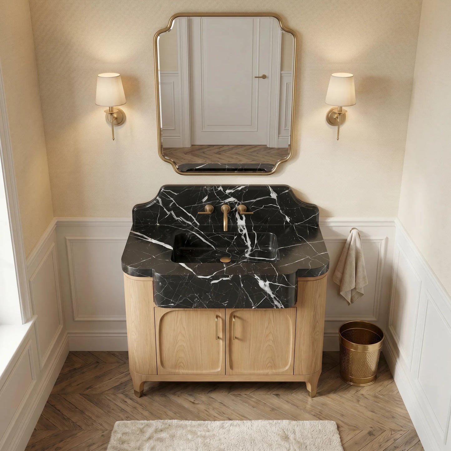 Stonemill Nero Marquina marble bathroom vanity with integrated solid block sink, backsplash and oak cabinet