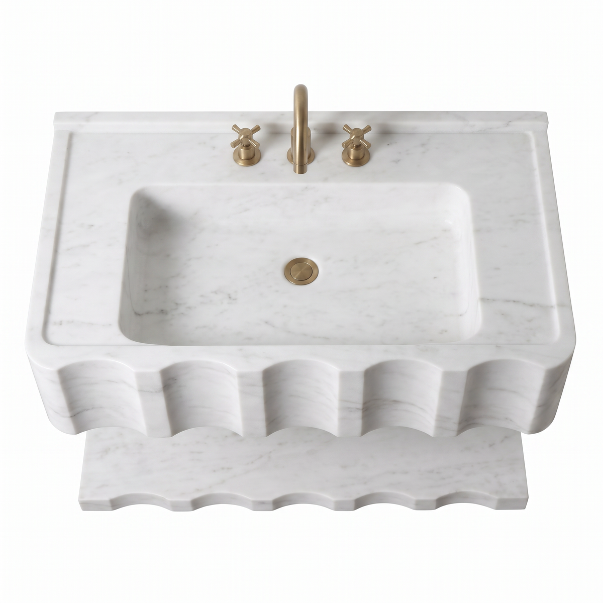 Tallinn 30 inch Carrara White floating marble bathroom sink with sculpted design and matching marble shelf