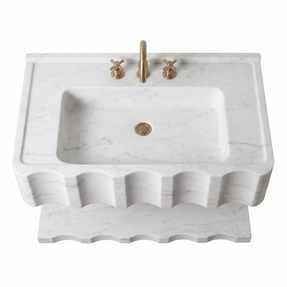Tallinn 30 inch Carrara White floating marble bathroom sink with sculpted design and matching marble shelf