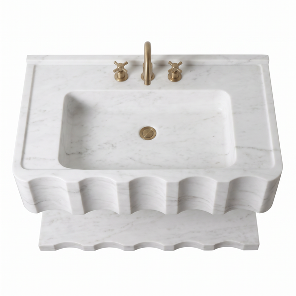 Tallinn 30 inch Carrara White floating marble bathroom sink with sculpted design and matching marble shelf