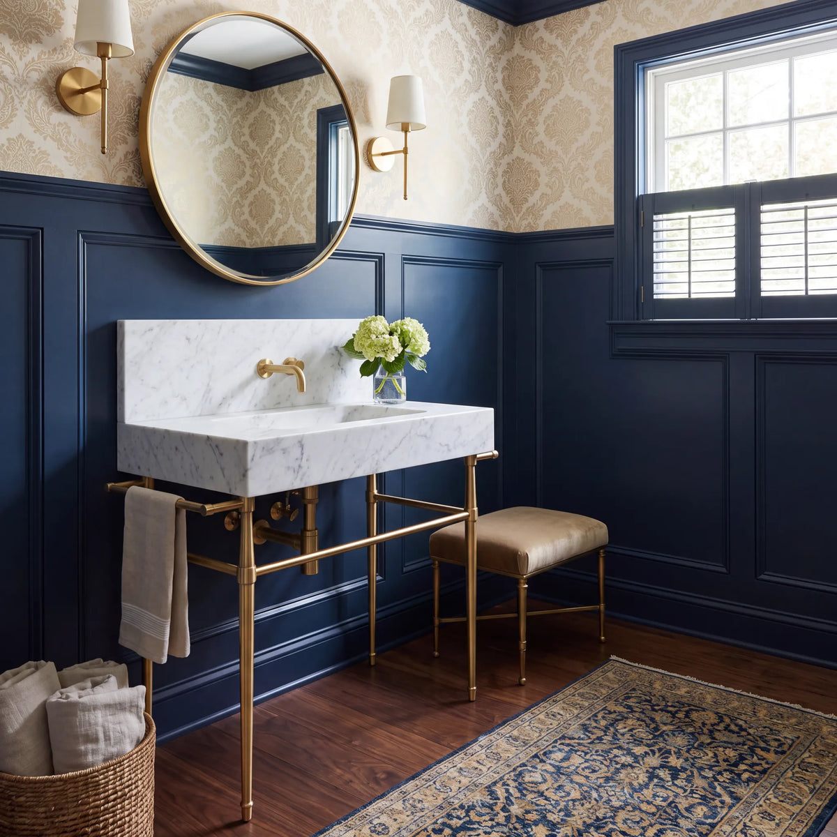 Tivoli 30 inch Carrara White marble console sink vanity with solid brass legs