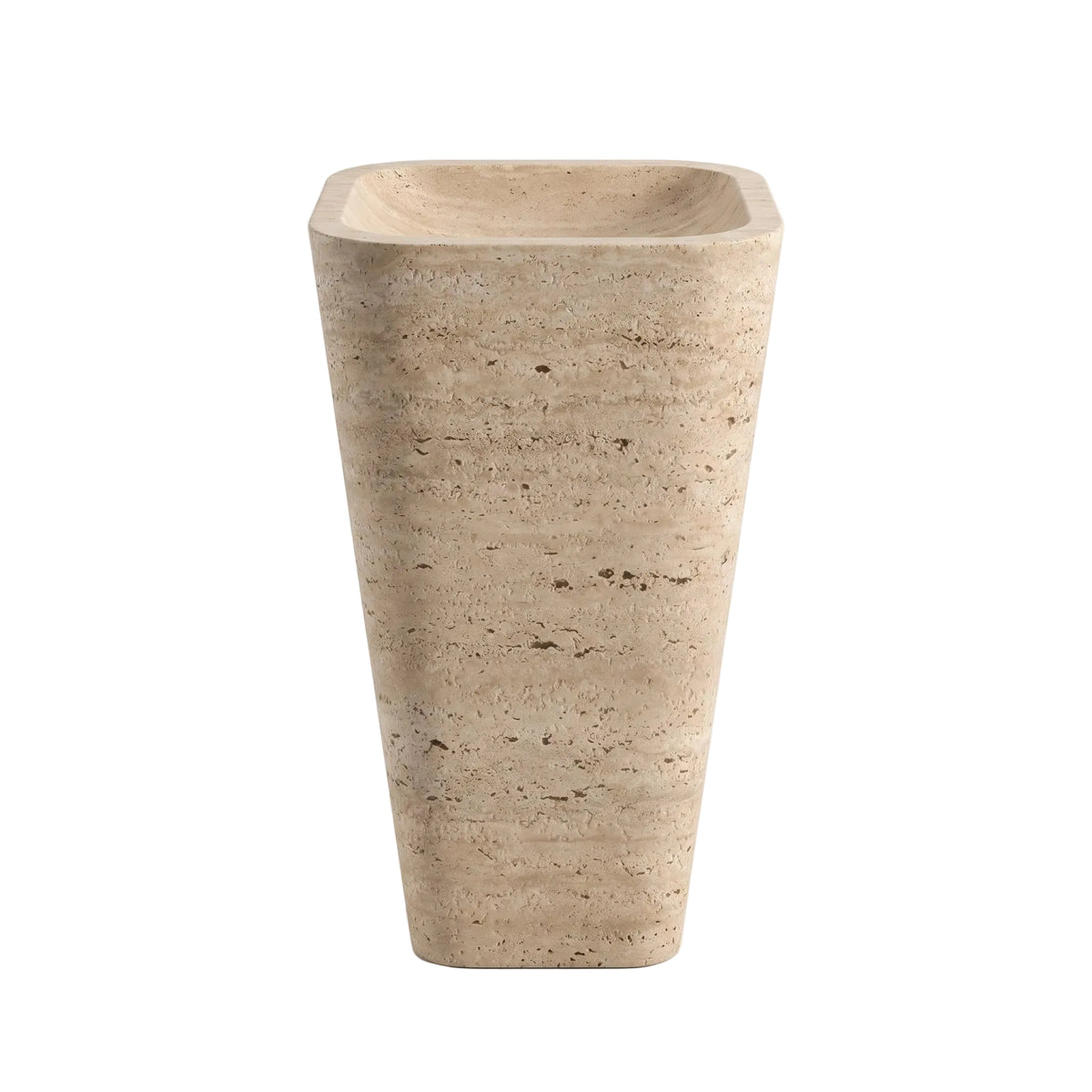 Torvane natural travertine pedestal bathroom sink with rectangular integrated basin and tapered monolithic base